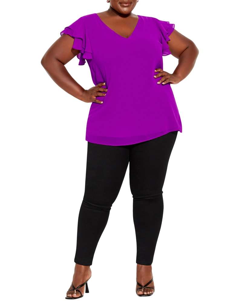 Front of a model wearing a size XS Audrey V-Neck Top in Purple by City Chic. | dia_product_style_image_id:209954